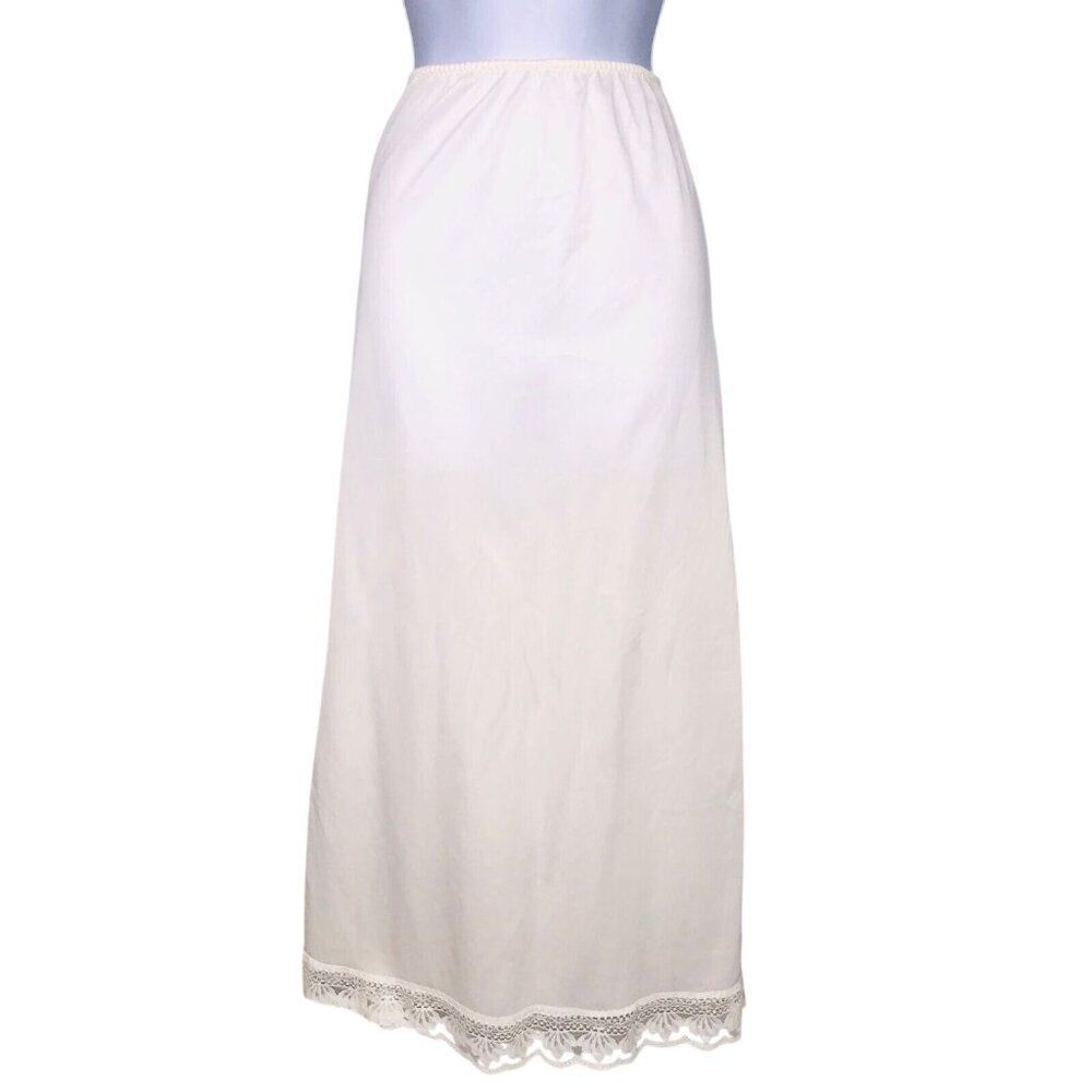 Vintage 70s Womens M Maxi Half Slip Ivory Long Zipper Slit Lace Elastic Nylon